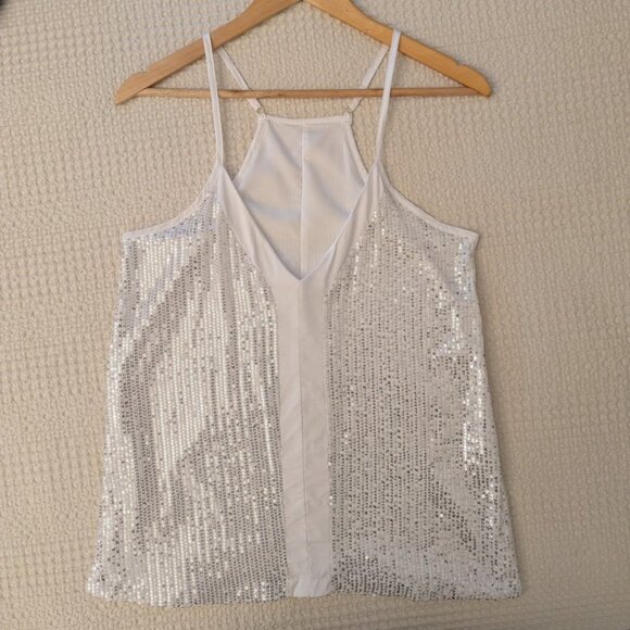 White Sequin Cami Top Fully Lined Adjustable Straps - Picture 4 of 8